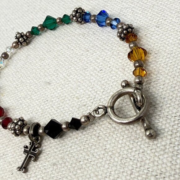 Sterling Silver Rainbow Crystal Cross Toggle Bracelet Religious Christian Marked - Picture 3 of 8